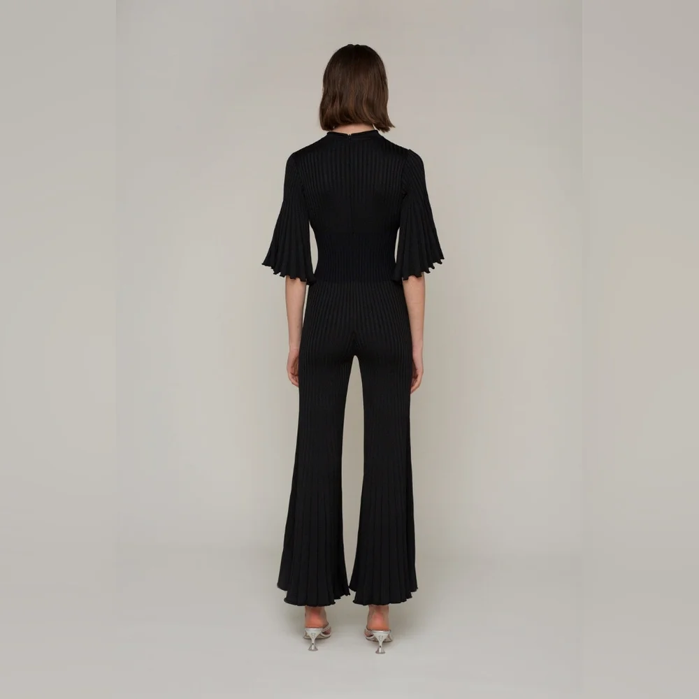 AMYLYNN The Bae Wide Leg Fitted Knit Jumpsuit in Black - Picture 3 of 12